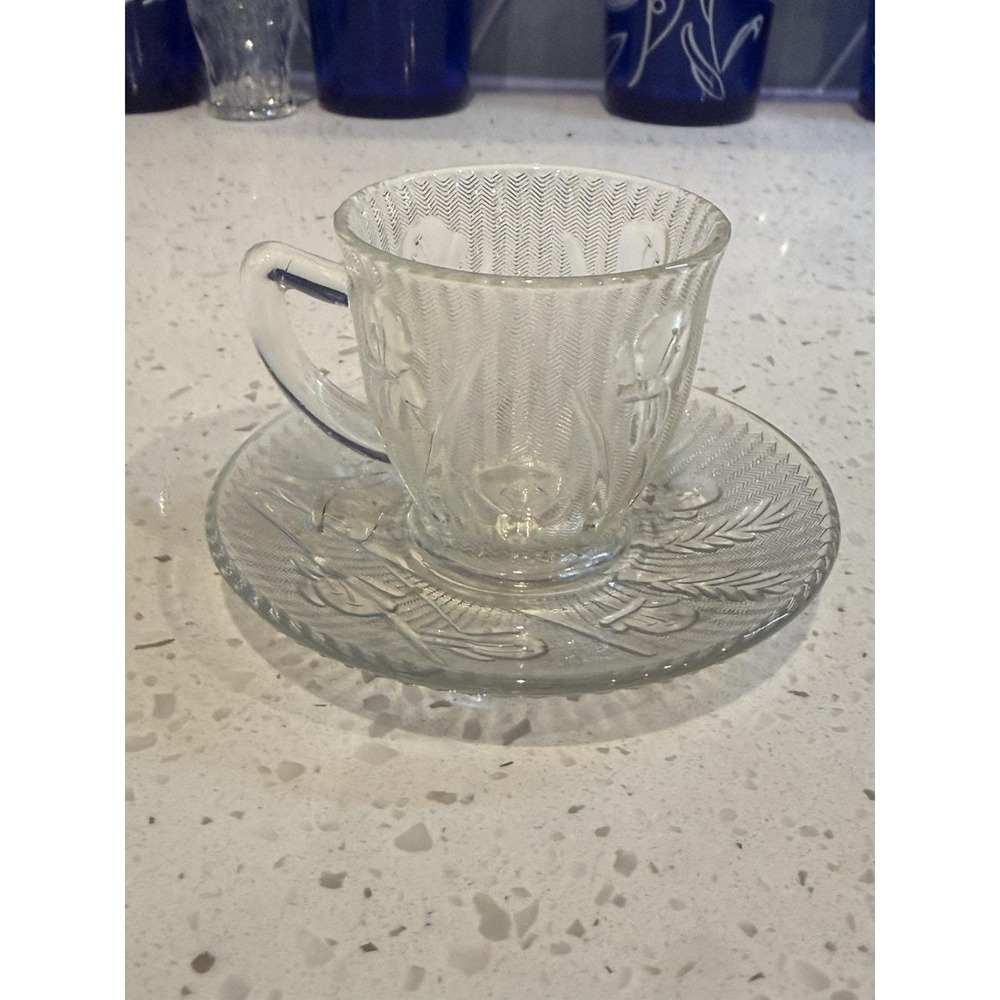 Jeannette Iris Herringbone Crystal Clear Demitasse Cup & Saucer Depression Glass